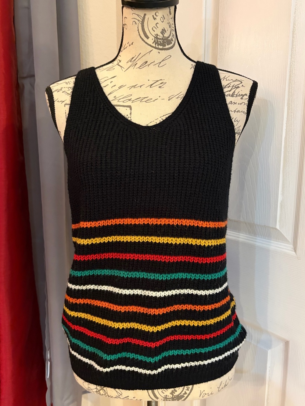 Black Striped Knit Tank Top with Multicolor Stripes